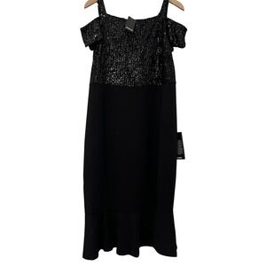 Avenue Black Sequin Off‑Shoulder Dress Midi Size 14 Party Cocktail Evening NWT